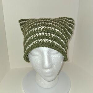 Beanie Cap Cat Ears Green and Beige Striped Hat Handmade
